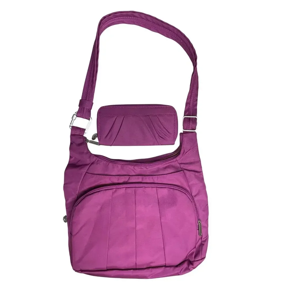 Travelon Anti-Theft Pleated Hobo Crossbody Bag and wallet Purple - Picture 3 of 11